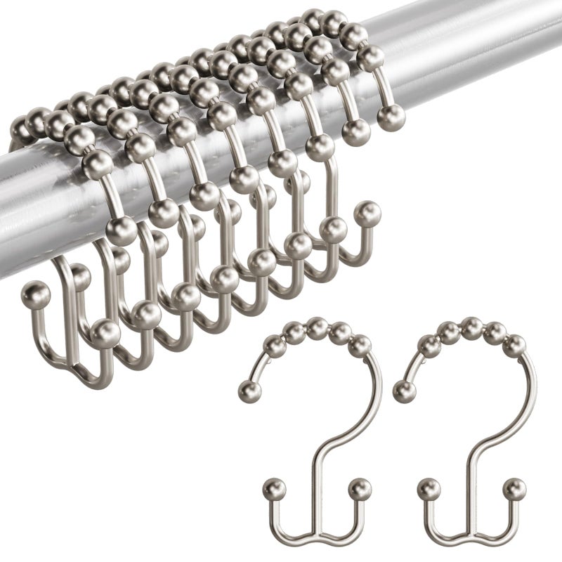 Amazer Shower Curtain Rings, Rust-Resistant Metal Double Shower Hooks for Curtain Rolling Shower Curtain Hooks Rings Shower Rings for Bathroom Shower Curtain Rod, Matte Nickel, Set of 12 Rings - Image 1
